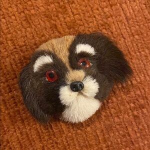 Vintage Brown Furry Face Puppy W/ Red Plastic Eyes Pin Brooch